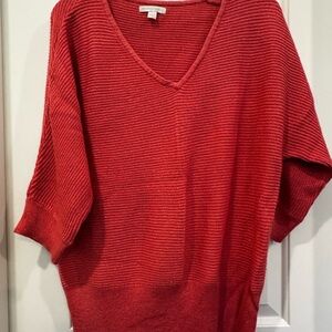 New York & Company Red V-Neck Sweater with Ribbed Knit